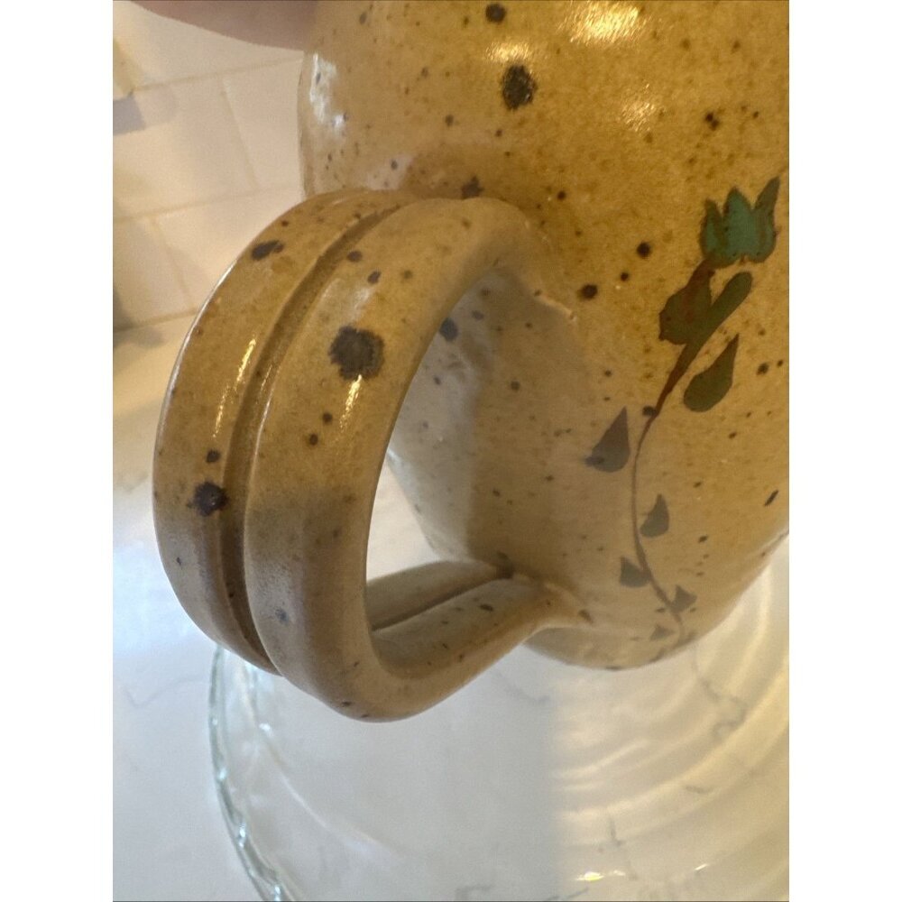 Small Handmade Pitcher Brown With Flowers 7 1/2 Tall Vintage - Picture 13 of 16
